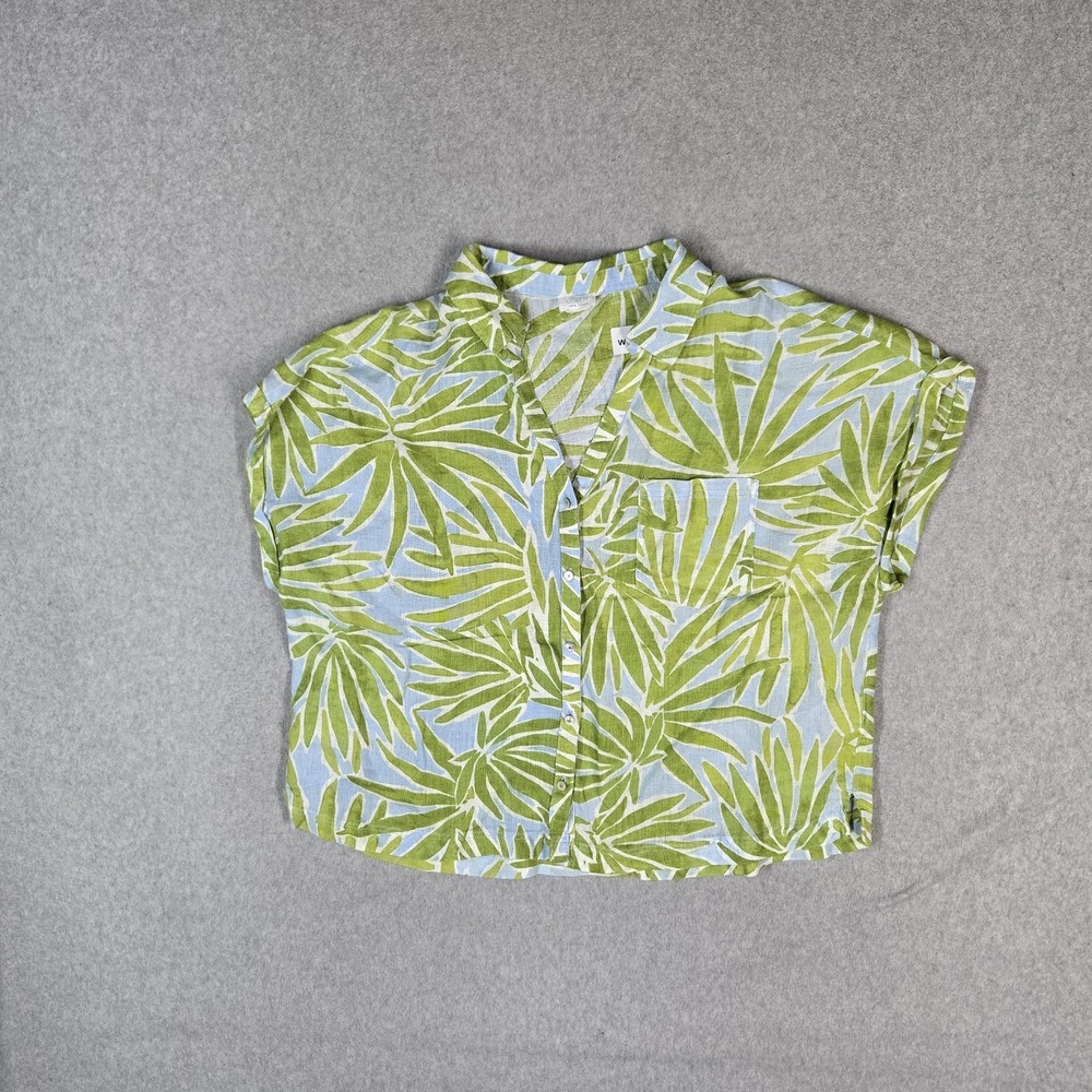 Sigrid Olsen Women Button Up Shirt M Green Linen Floral Hawaiian Shirt Coastal
